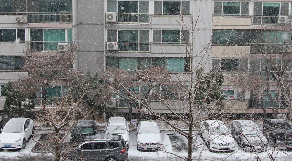이날 현재 서울과 수도권에 많은 눈이 내리고 있다. 수도권 한 도시의 지라한 아파트 단지. [사진=스페셜경제]