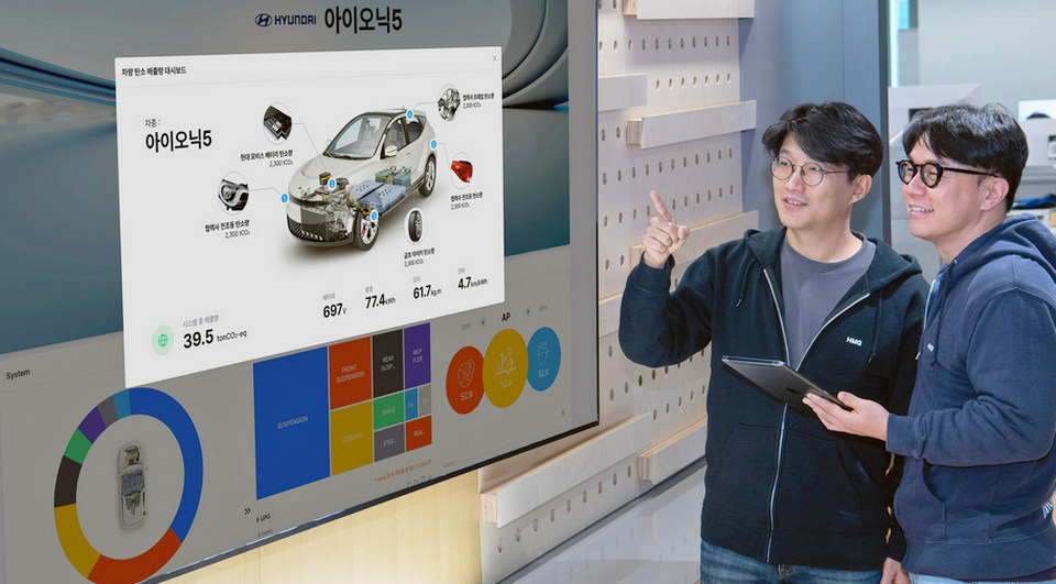 현대차, 기아 직원이 통합 탄소 배출 정보 시스템을 확인하고 있다. [사진=현대차]