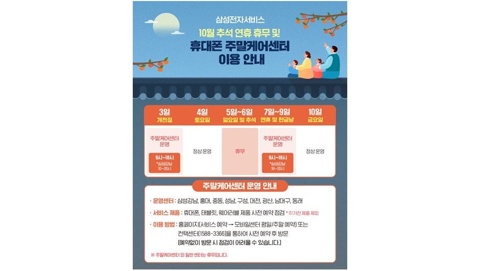 삼성전자서비스 추석 연휴 주말케어센터 운영 안내. [사진=삼성전자]                                        