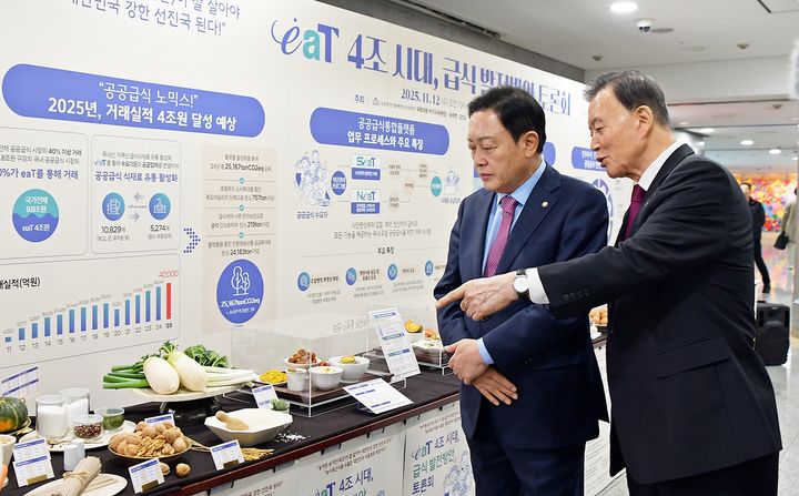 eaT를 활용한 저탄소 식단을 둘러보는 홍문표 aT 사장(우측)과 김선교 국민의힘 의원(좌측). [사진=한국농수산식품유통공사 ]